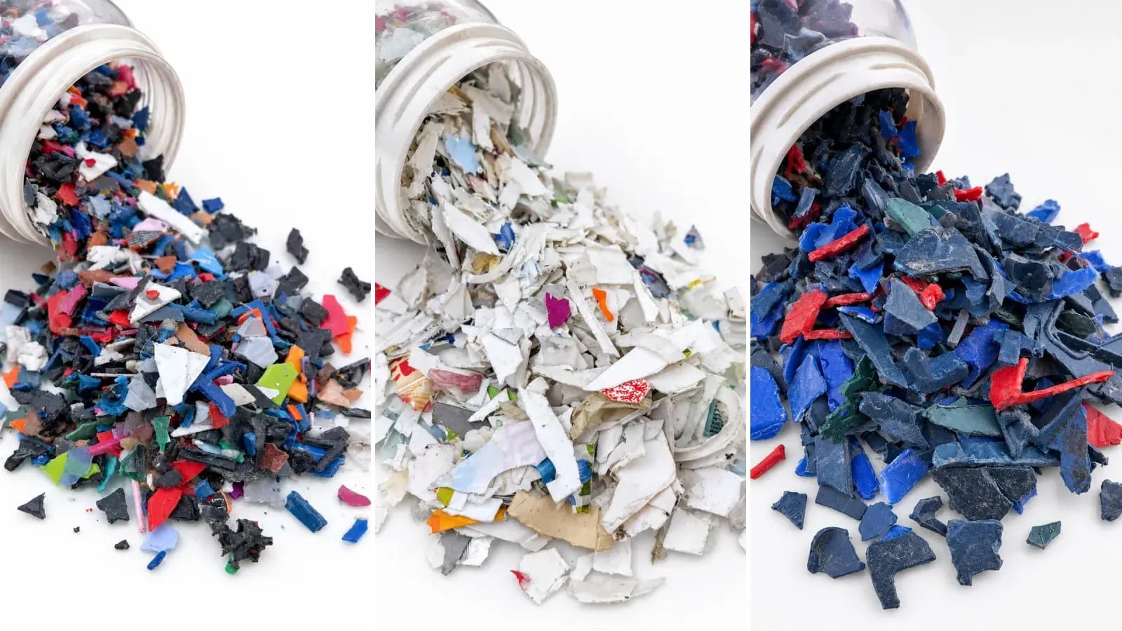 Koyu miks, beyaz ve lacivert atık plastik kırma örnekleri