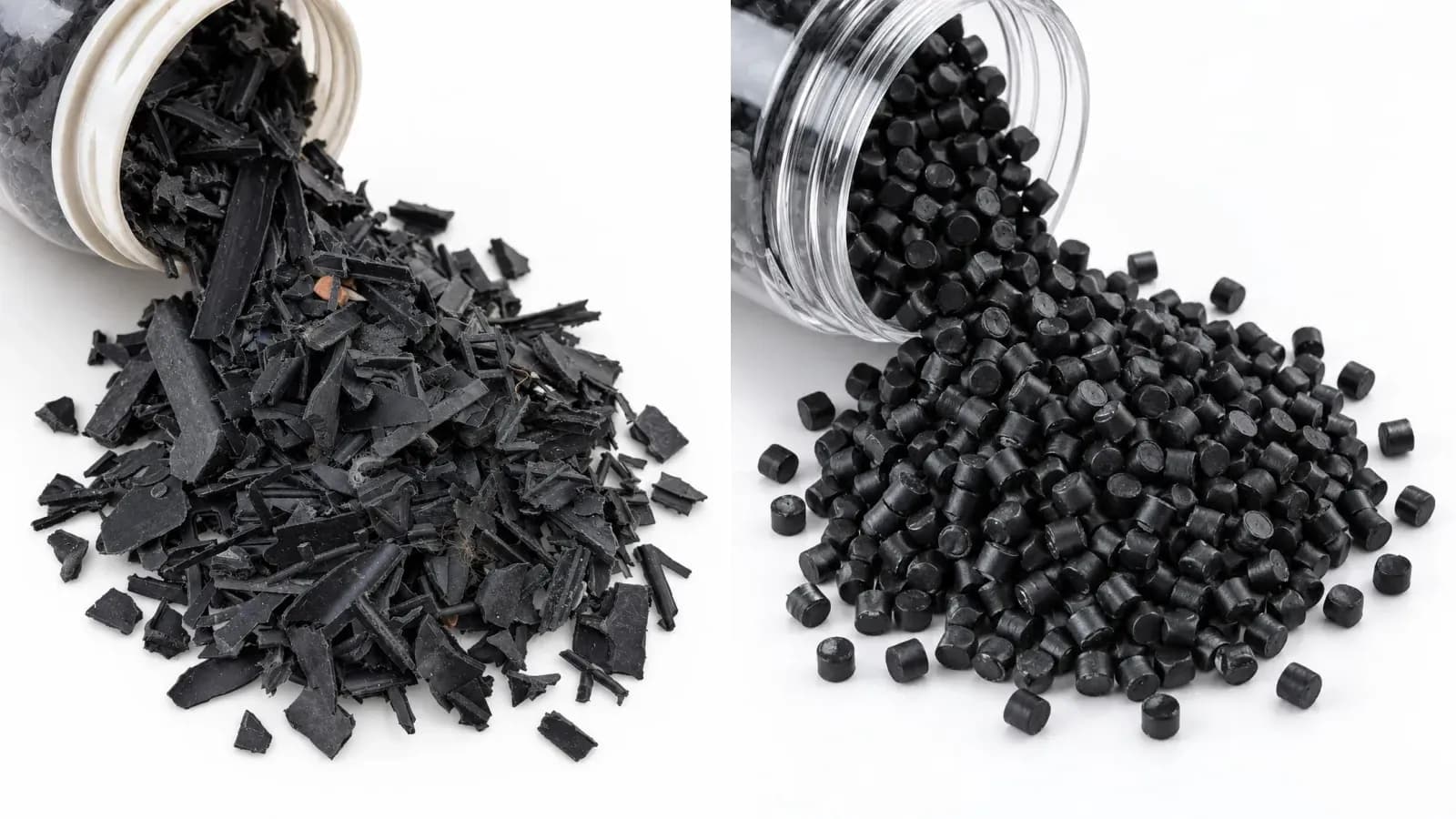 Solda siyah plastik çapak, sağda siyah plastik granül