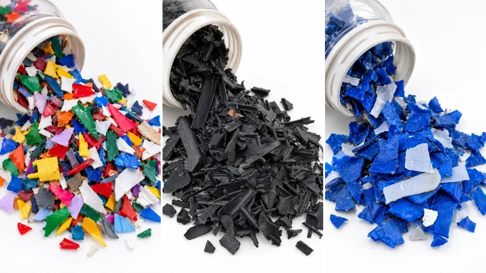 Renkli miks, siyah ve mavi plastik çapak örnekleri yan yana
