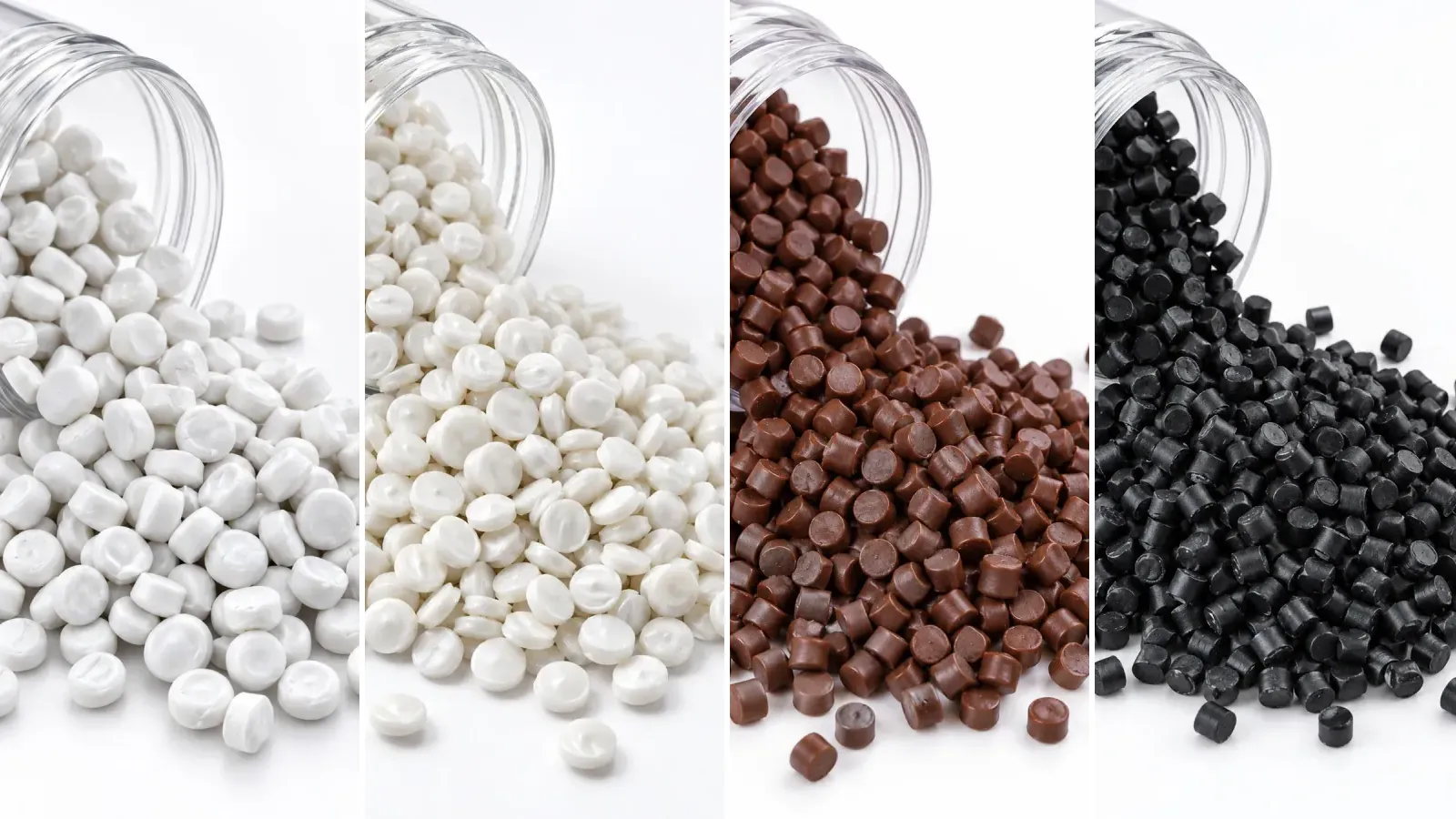Beyaz, kırık beyaz, kahverengi ve siyah plastik granül örnekleri